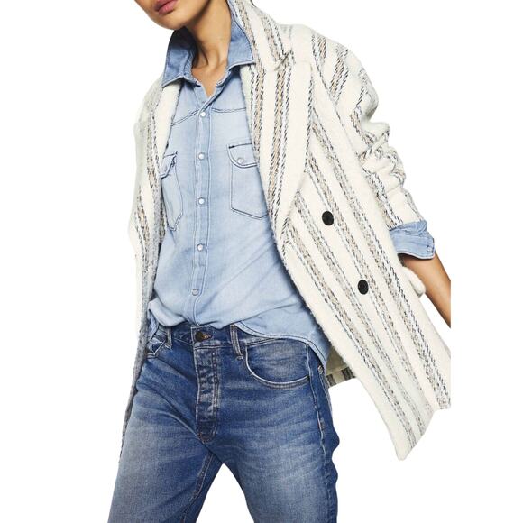 BASH Fillie Coat Double Breasted Striped Ivory Ecru Wool Alpaca Peacoat Medium - Picture 4 of 11